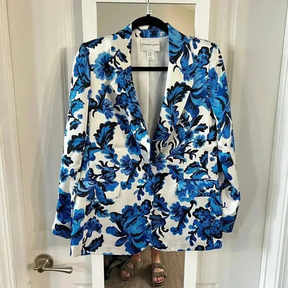 786 Christian Lacroix Floral Silk Blazer Size XS Color White Blue - Picture 4 of 7